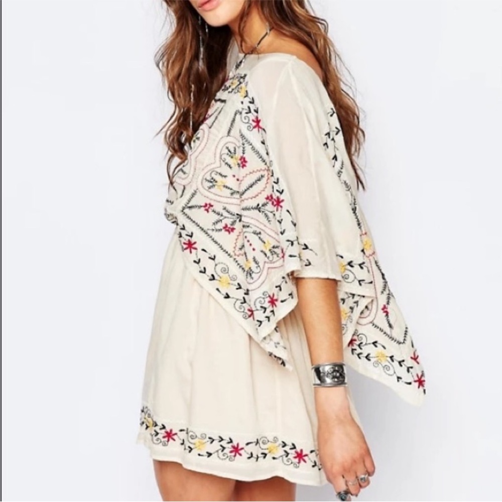 Free People Frida Embroidered Boho Mini Dress Cream XS Festival Peasant - Picture 2 of 13